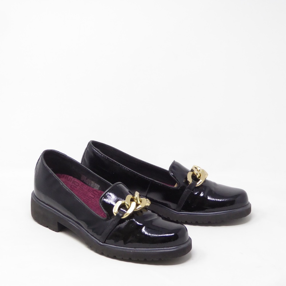 Munro Womens Viv Lug Loafers Black Patent Gold Chain Slip On Size 10M